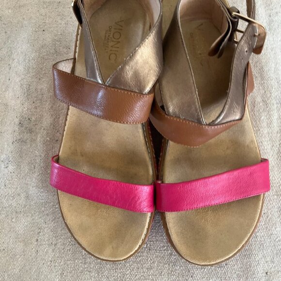 Vionic Orthaheel Cancun Fushsia Fiesta Leather Wedge Sandals Sz 11 - Picture 11 of 14